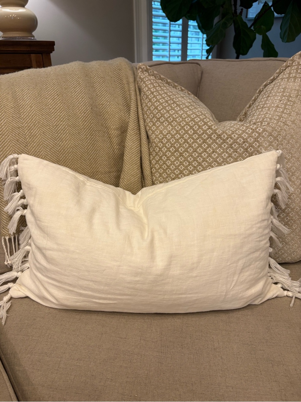 Pottery Barn Cream Tassel Linen Lumbar Pillow